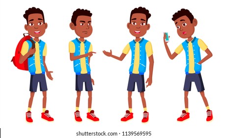 Boy Schoolboy Kid Poses Set Vector. High School Child. Black. Afro American. Children Study. Knowledge, Learn, Lesson. For Advertising, Placard, Print Design. Isolated Cartoon Illustration
