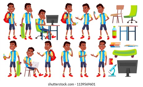 Boy Schoolboy Kid Poses Set Vector. High School Child. Classmate. Teenager, Classroom, Room. Black. Afro American. For Advertising, Booklet, Placard Design. Isolated Cartoon Illustration