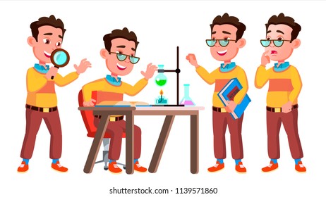 Boy Schoolboy Kid Poses Set Vector. High School Child. Caucasian, Kids, Positive. For Postcard, Cover, Placard Design. Isolated Cartoon Illustration