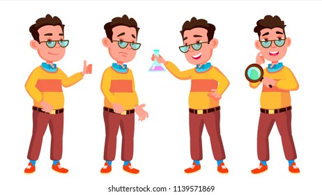 Boy Schoolboy Kid Poses Set Vector. High School Child. School Student. Cheer, Pretty, Youth. For Presentation, Print, Invitation Design. Isolated Cartoon Illustration