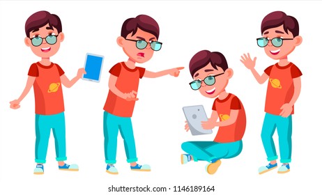 Boy Schoolboy Kid Poses Set Vector. Primary School Child. Student Activity. Educate. Kids, Positive. For Postcard, Announcement, Cover Design. Isolated Cartoon Illustration