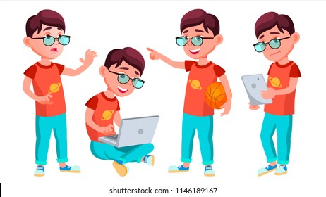 Boy Schoolboy Kid Poses Set Vector. Primary School Child. Clever Positive Person. Casual Clothes. For Banner, Flyer, Brochure Design. Isolated Cartoon Illustration