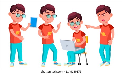 Boy Schoolboy Kid Poses Set Vector. Primary School Child. Schooler. Young People. University, Graduate. For Advertising, Placard, Print Design. Isolated Cartoon Illustration

