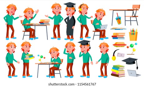 Boy Schoolboy Kid Poses Set Vector. High School Child. Children Study. Smile, Activity, Beautiful. For Web, Brochure, Poster Design. Isolated Cartoon Illustration
