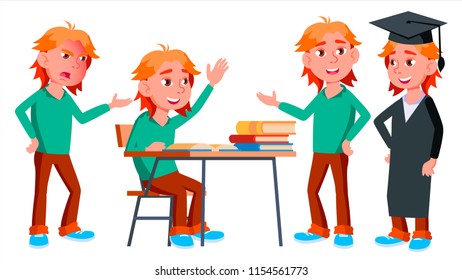 Boy Schoolboy Kid Poses Set Vector. High School Child. Classmate. Life, Emotional, Pose. For Web, Brochure, Poster Design. Isolated Cartoon Illustration
