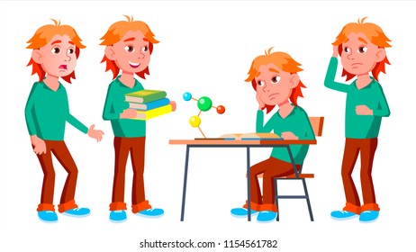 Boy Schoolboy Kid Poses Set Vector. High School Child. Teenage. Beauty, Lifestyle, Friendly. For Postcard, Announcement, Cover Design. Isolated Cartoon Illustration
