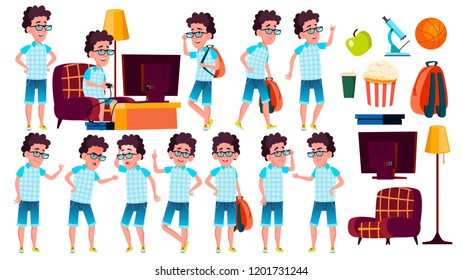 Boy Schoolboy Kid Poses Set Vector. High School Child. Young People, Face, Cheerful. For Postcard, Cover, Placard Design. Isolated Cartoon Illustration
