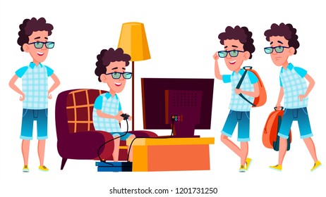 Boy Schoolboy Kid Poses Set Vector. High School Child. Secondary Education. Young, Cute, Comic. For Presentation, Print, Invitation Design. Isolated Cartoon Illustration
