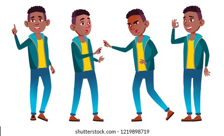 Boy Schoolboy Kid Poses Set Vector.  Black. Afro American. High School Child. Teaching, Educate, Schoolkid. For Presentation, Print, Invitation Design. Isolated Cartoon Illustration
