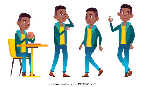 Boy Schoolboy Kid Poses Set Vector. Black. Afro American. High School Child. Child Pupil. Subject, Clever, Studying. For Postcard, Announcement, Cover Design. Isolated Cartoon Illustration
