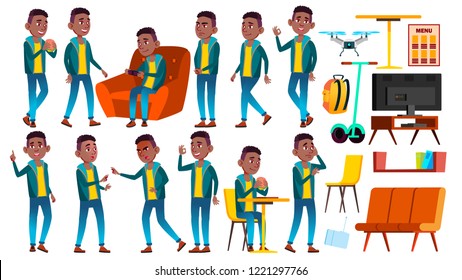 Boy Schoolboy Kid Poses Set Vector. Black. Afro American. High School Child. School Student. Graduation, Homework, Teacher. For Banner, Flyer, Web Design. Isolated Cartoon Illustration
