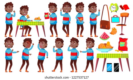 Boy Schoolboy Kid Poses Set Vector. Black.  Isolated Cartoon Illustration
