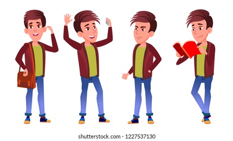 Boy Schoolboy Kid Poses Set Vector.  Isolated Cartoon Illustration
