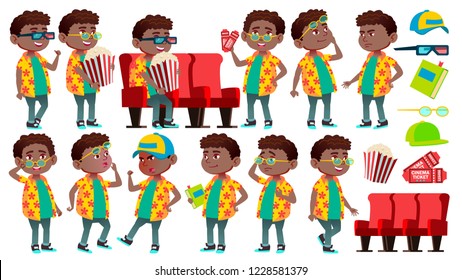 Boy Schoolboy Kid Poses Set Vector. Black. Afro American. Primary School Child. Comic Classmate. Autumn, Class. For Presentation, Invitation, Card Design. Isolated Cartoon Illustration
