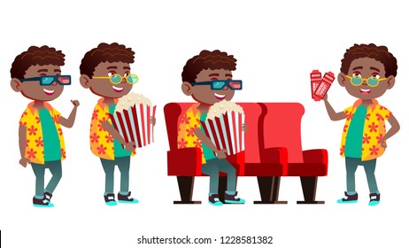 Boy Schoolboy Kid Poses Set Vector. Black. Afro American. Primary School Child. Studying. Leisure. Lesson, September. For Postcard, Cover, Placard Design. Isolated Cartoon Illustration
