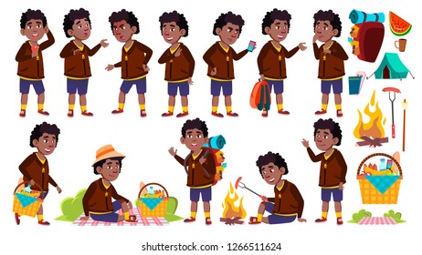 Boy Schoolboy Kid Poses Set Vector. Primary School Child. Black. Afro American. Picnic, Summer Rest. Hike. Vacation. Pose. For Web, Brochure, Poster Design. Isolated Cartoon Illustration
