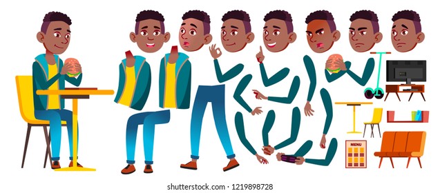 Boy Schoolboy Kid Vector. Black. Afro American. High School Child. Animation Creation Set. Face Emotions, Gestures. Classmate. Teenager, Classroom, Room. Animated. Isolated Cartoon Illustration