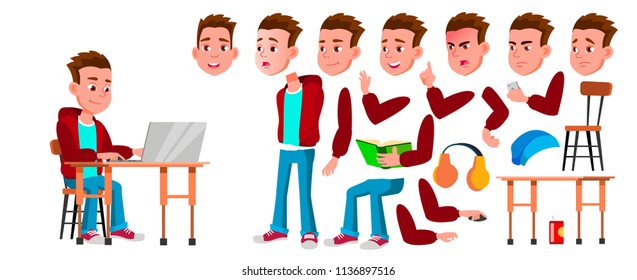 Boy Schoolboy Kid Vector. High School Child. Animation Creation Set. Face Emotions, Gestures. Child Pupil. Subject, Clever, Studying. For Banner, Flyer, Web Design. Animated. Cartoon Illustration