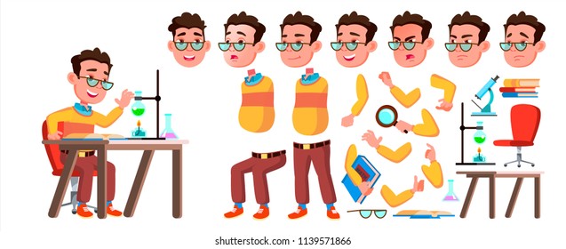 Boy Schoolboy Kid Vector. High School Child. Animation Creation Set. Face Emotions, Gestures. Teaching, Educate, Schoolkid. For Advertising, Booklet, Placard Design. Animated. Isolated Illustration