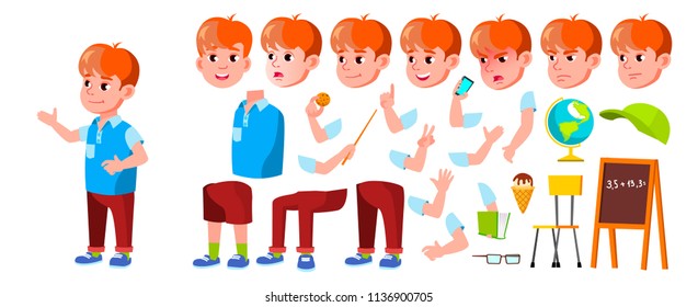 Boy Schoolboy Kid Vector. Primary School Child. Animation Creation Set. Elementary. Auditorium. Room, Book. For Card, Advertisement, Greeting Design. Face Emotions, Gestures. Animated. Illustration