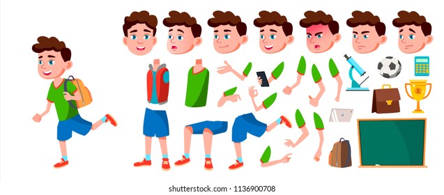 Boy Schoolboy Kid Vector. Primary School Child. Animation Creation Set. Cheerful Pupil. Friends. Emotional. For Presentation, Print, Invitation Design. Face Emotions. Animated. Cartoon Illustration