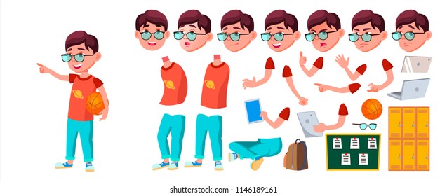 Boy Schoolboy Kid Vector. Primary School Child. Animation Creation Set. Auditorium. Friendship. Pose, Beauty. For Cover, Placard Design. Face Emotions, Gestures. Animated. Isolated Illustration