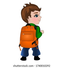 boy schoolboy with an orange backpack on his shoulders stands with his back to us, turning his face in profile, color vector clip art on a white isolated background