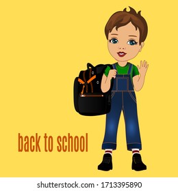 Niño escolar de pie con una mochila en el hombro y saluda con una palma abierta, ilustración de color en un fondo aislado con una inscripción de vuelta a la escuela