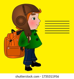 Muchacho escolar de pie con una mochila en el hombro, ilustración de color en un fondo aislado con forro