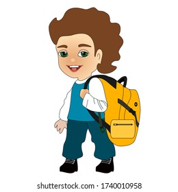 boy schoolboy with an yellow backpack on his shoulders stands with his back to us, turning his face in profile, color vector clip art on a white isolated background