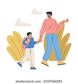 Boy Schoolkid Character Going to School with Dad Vector Illustration