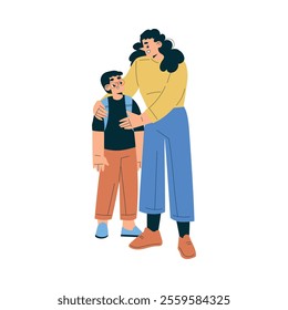 Boy Schoolkid Character Going to School Embrace with Mom Vector Illustration