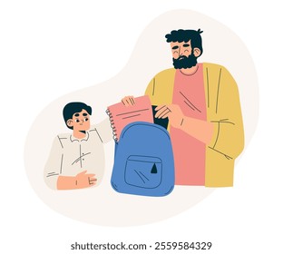 Boy Schoolkid Character Pack Backpack for School with Dad Vector Illustration