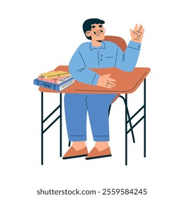 Boy Schoolkid Character in School Sit at Desk Have Lesson Vector Illustration