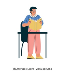 Boy Schoolkid Character in School Sit at Desk Have Lesson Vector Illustration