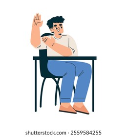 Boy Schoolkid Character in School Sit at Desk Have Lesson Vector Illustration