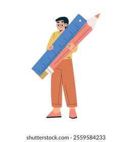 Boy Schoolkid Character Standing with Pencil and Ruler Vector Illustration