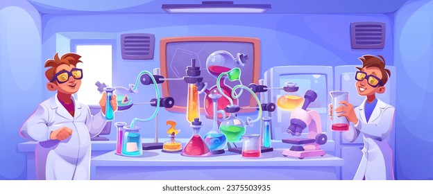 Boy in science chemistry lab for experiment cartoon vector background. Beaker, microscope and glass tube equipment on classroom table. Student character in university laboratory for invention potion