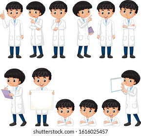Boy in science gown in different poses on white background illustration