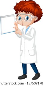 Boy in science gown with notebook on white background illustration