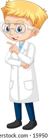 Niño en ciencia vestido en ilustración aislada de fondo
