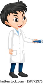 Niño en ciencia vestido en ilustración aislada de fondo