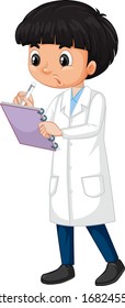 Boy in science gown writing on white background illustration