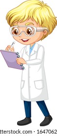 Boy in science uniform writing on white background illustration