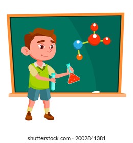 Niño Científico Experimenta En Vector De Lecciones. Escolar Caucásico Haciendo Experimento Científico Químico En La Escuela. Prueba molecular de caracteres, educación química e ilustración de dibujos planos