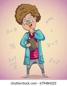 Boy scientist makes notes. Cartoon character. Vector illustration
