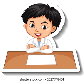 Boy in scientist outfit writing on empty desk illustration