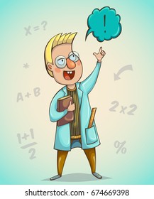 Boy scientist surprised by discovery. Cartoon character. Vector illustration