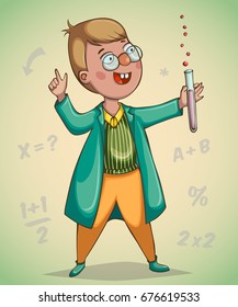 Boy scientist surprised by discovery. Cartoon character. Vector illustration