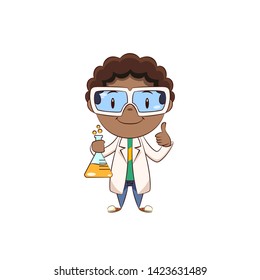 Boy scientist thumbs up gesture, happy cute child